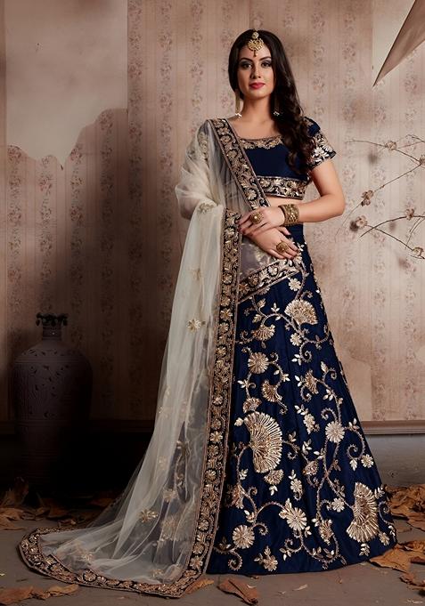 Blue Zari Dori Embroidered Banglori Silk Lehenga Set