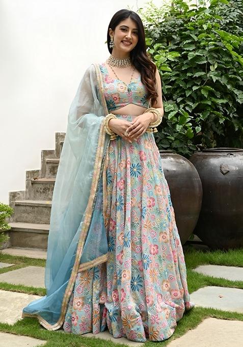 Multicolor Digital Print Banglori Silk Lehenga Set