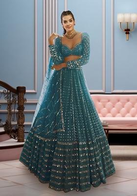 Blue Sequin Thread Embroidered Banglori Silk Lehenga Set