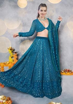 Rama Blue Sequin Thread Embroidered Banglori Silk Lehenga Set