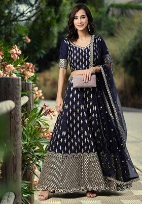 Navy Blue Sequin Zari Embroidered Banglori Silk Lehenga Set