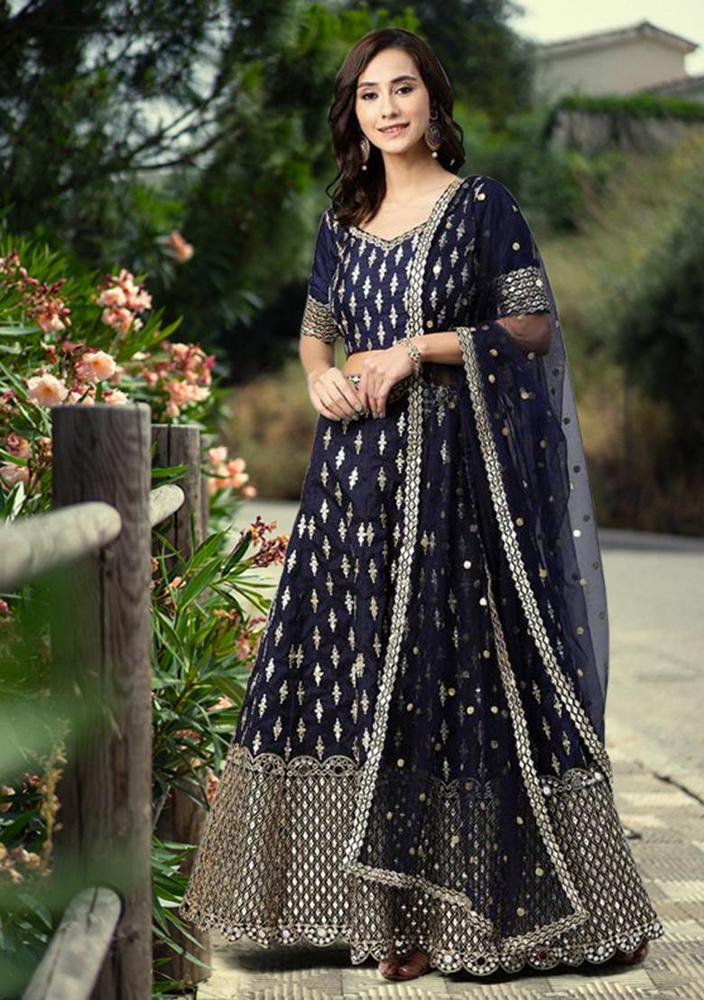 Navy Blue Sequin Zari Embroidered Banglori Silk Lehenga Set