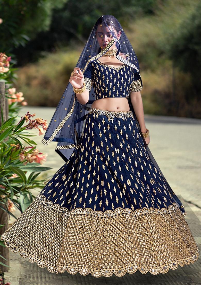 Navy Blue Sequin Zari Embroidered Banglori Silk Lehenga Set