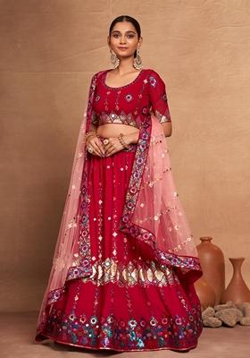 Red Sequin Embroidered Banglori Silk Lehenga Set
