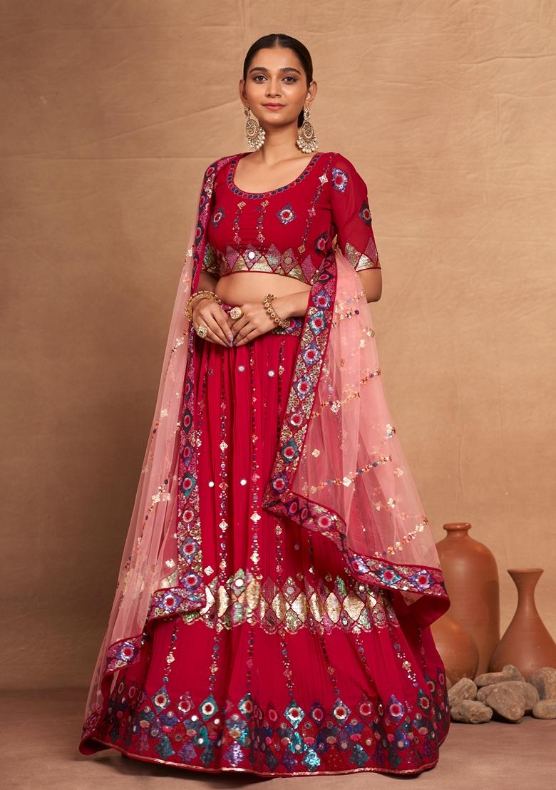Red Sequin Embroidered Banglori Silk Lehenga Set
