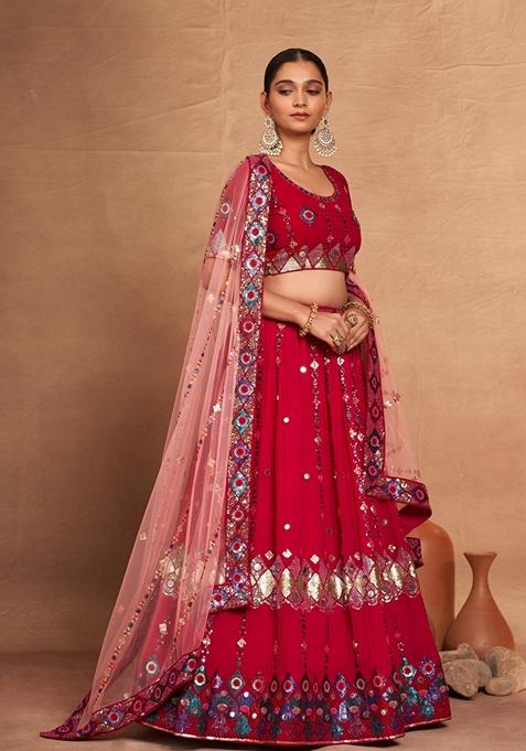 Red Sequin Embroidered Banglori Silk Lehenga Set