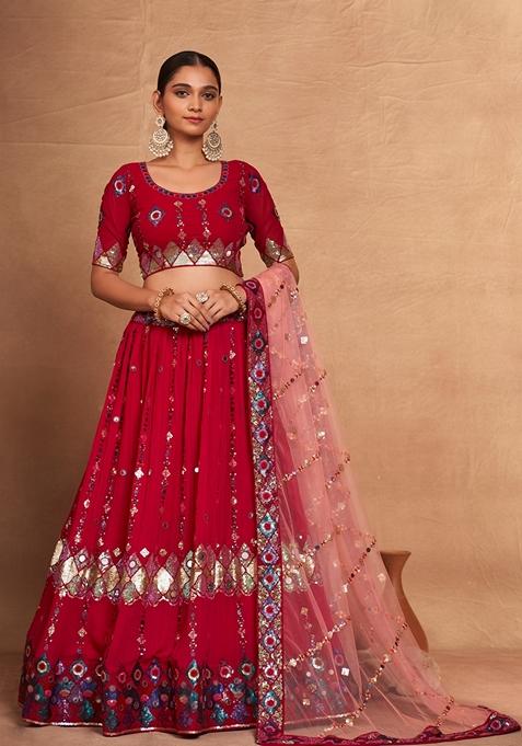 Red Sequin Embroidered Banglori Silk Lehenga Set