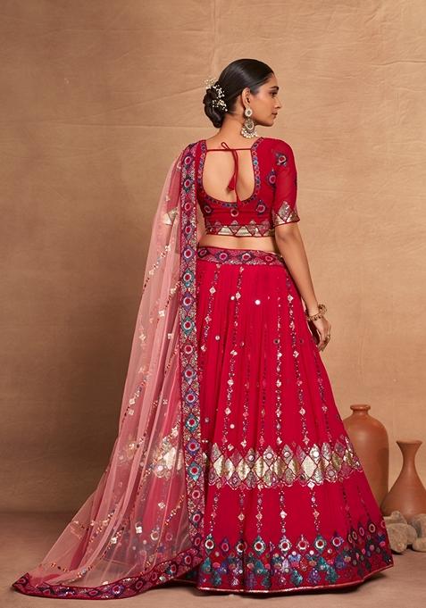 Red Sequin Embroidered Banglori Silk Lehenga Set