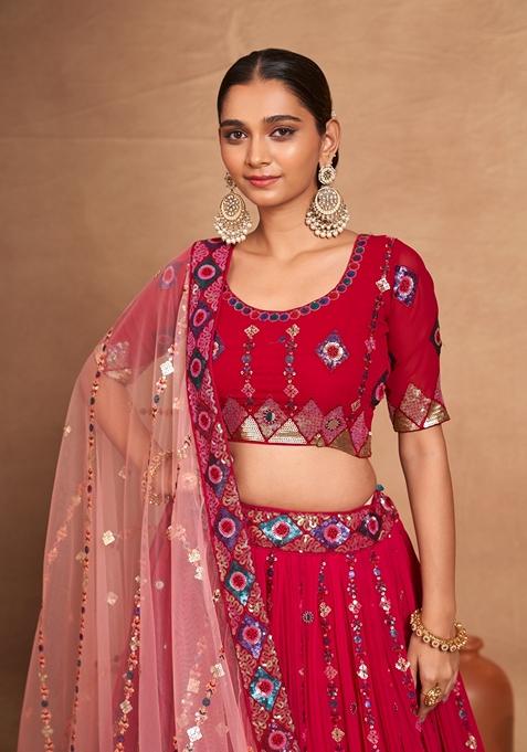 Red Sequin Embroidered Banglori Silk Lehenga Set
