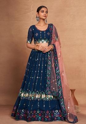 Teal Sequin Embroidered Banglori Silk Lehenga Set