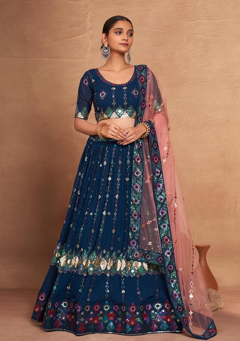 Teal Sequin Embroidered Banglori Silk Lehenga Set