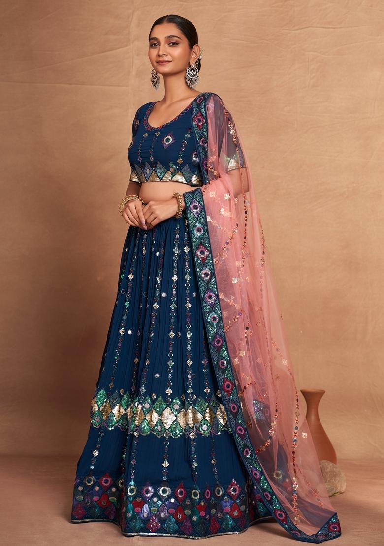 Teal Sequin Embroidered Banglori Silk Lehenga Set