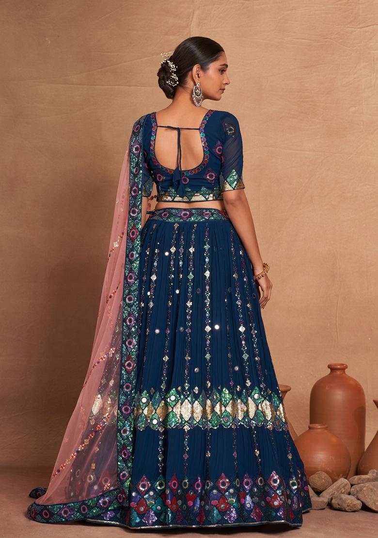 Teal Sequin Embroidered Banglori Silk Lehenga Set