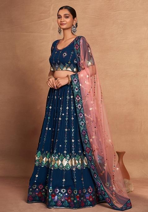 Teal Sequin Embroidered Banglori Silk Lehenga Set