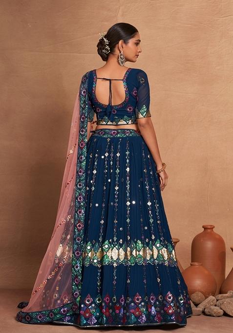 Teal Sequin Embroidered Banglori Silk Lehenga Set