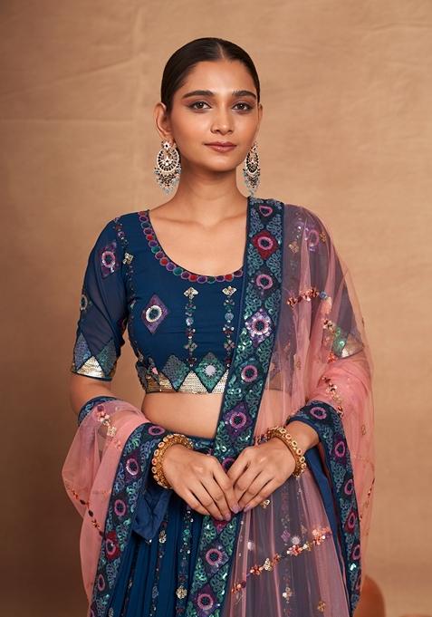 Teal Sequin Embroidered Banglori Silk Lehenga Set