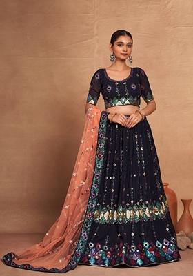 Black Sequin Embroidered Banglori Silk Lehenga Set