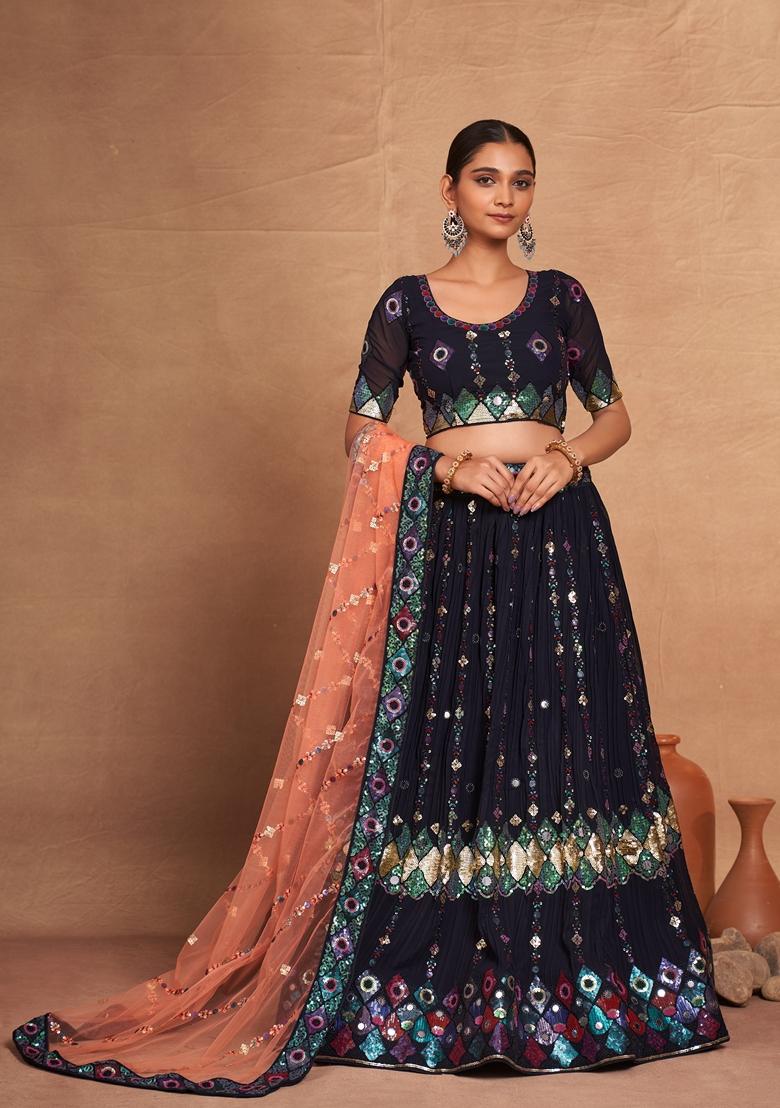 Black Sequin Embroidered Banglori Silk Lehenga Set