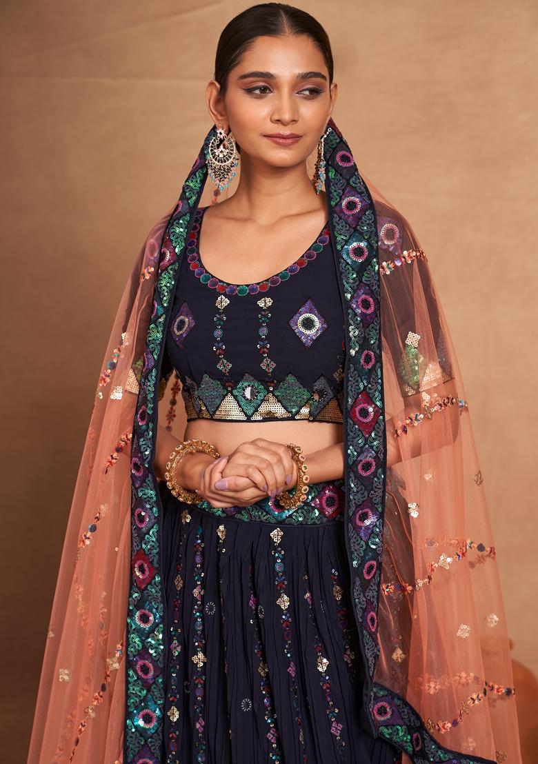 Black Sequin Embroidered Banglori Silk Lehenga Set