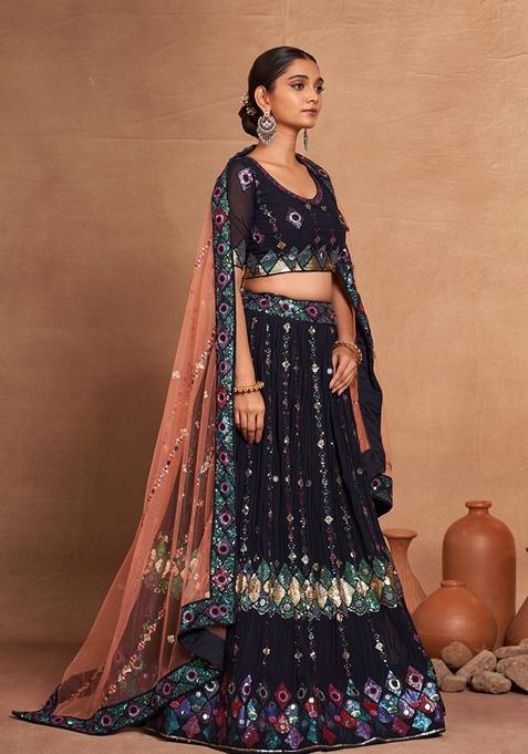 Black Sequin Embroidered Banglori Silk Lehenga Set