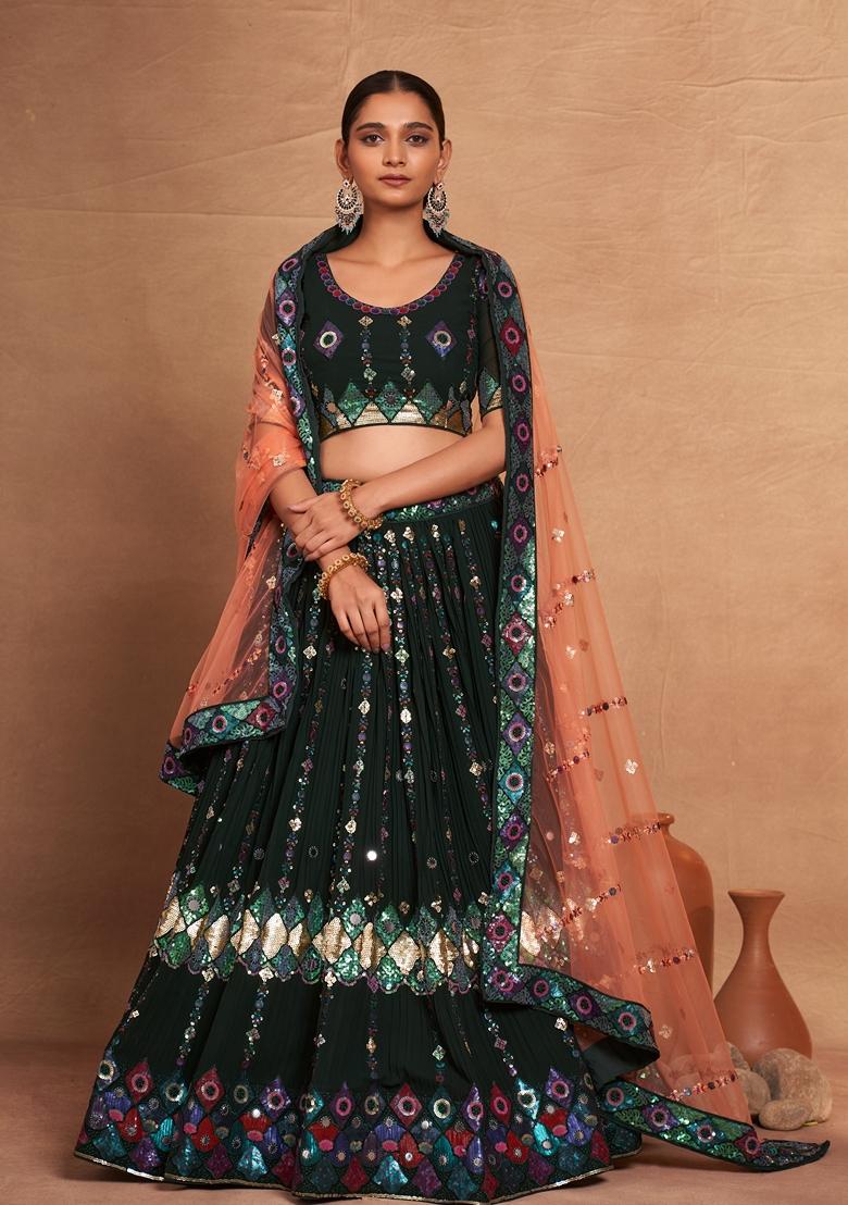 Mehendi Green Sequin Embroidered Banglori Silk Lehenga Set