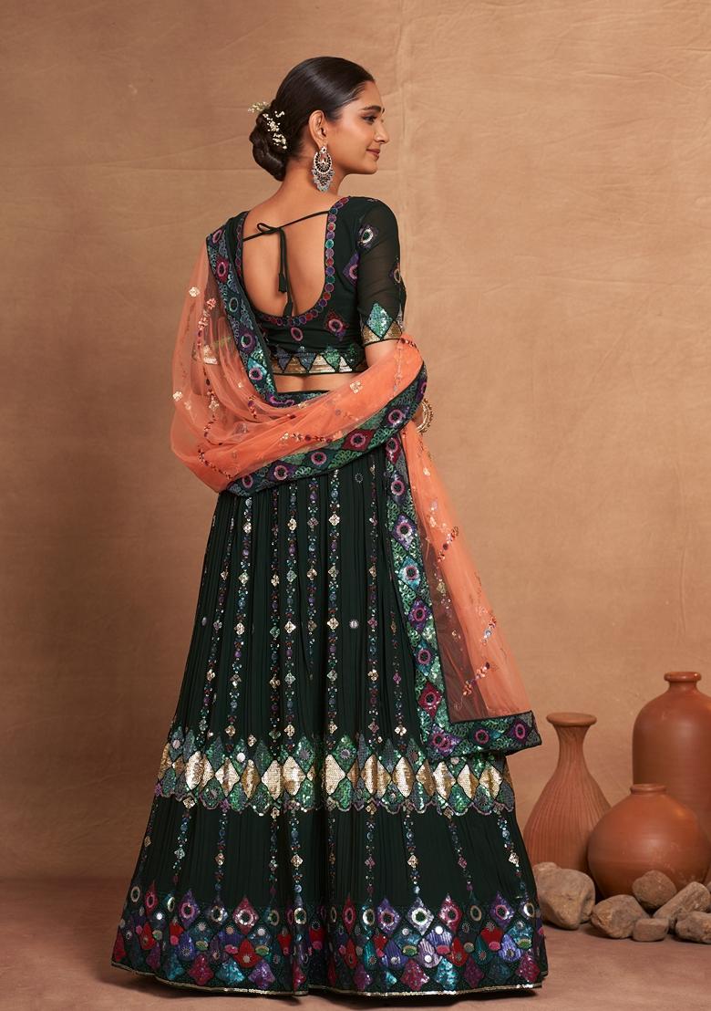 Mehendi Green Sequin Embroidered Banglori Silk Lehenga Set