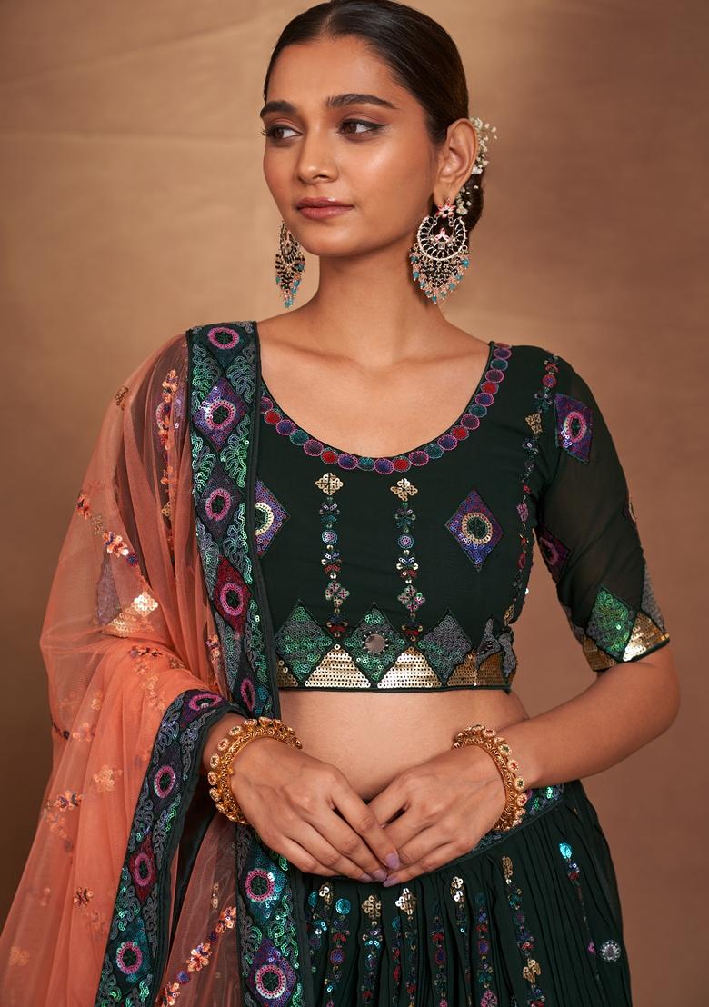 Mehendi Green Sequin Embroidered Banglori Silk Lehenga Set