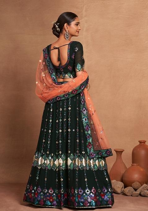 Mehendi Green Sequin Embroidered Banglori Silk Lehenga Set
