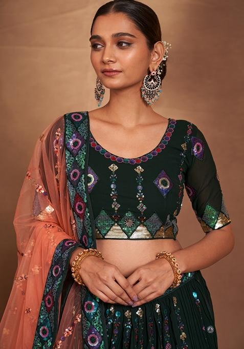 Mehendi Green Sequin Embroidered Banglori Silk Lehenga Set