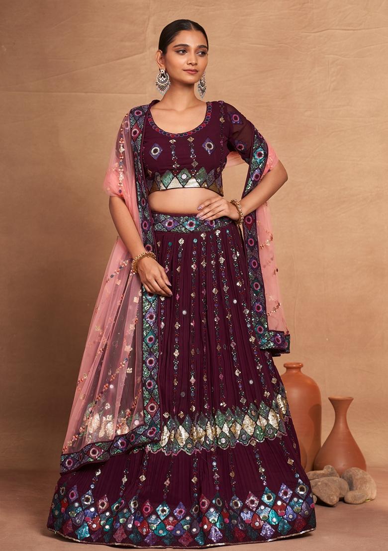 Wine Sequin Embroidered Banglori Silk Lehenga Set