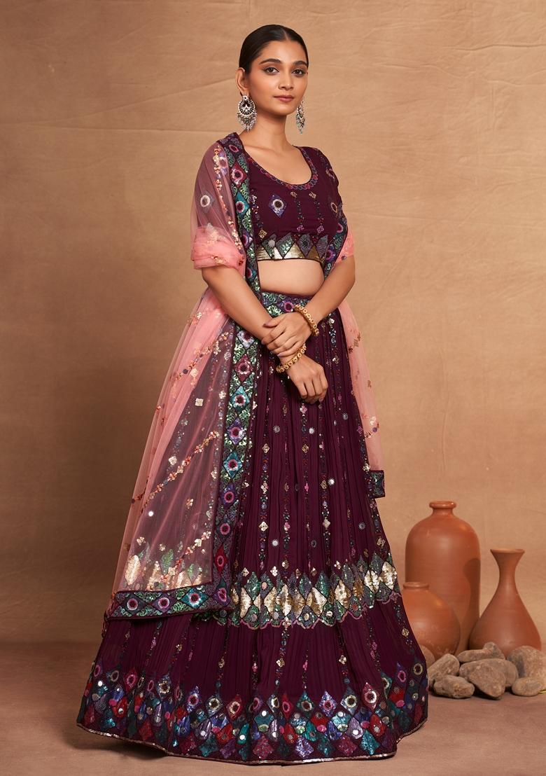 Wine Sequin Embroidered Banglori Silk Lehenga Set