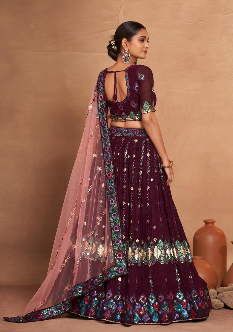Wine Sequin Embroidered Banglori Silk Lehenga Set