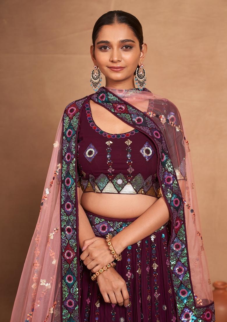 Wine Sequin Embroidered Banglori Silk Lehenga Set