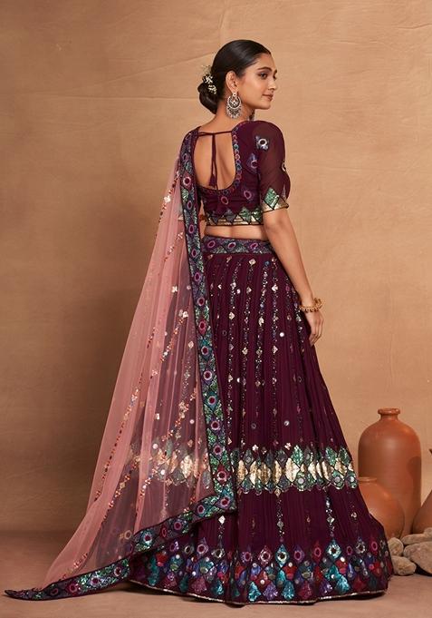 Wine Sequin Embroidered Banglori Silk Lehenga Set