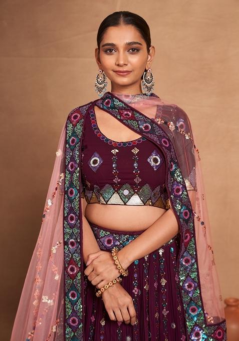 Wine Sequin Embroidered Banglori Silk Lehenga Set