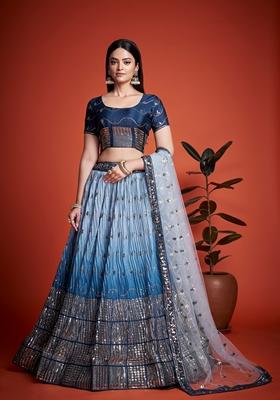 Sky Blue Sequin Embroidered Banglori Silk Lehenga Set