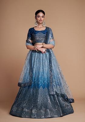 Sky Blue Sequin Embroidered Banglori Silk Lehenga Set