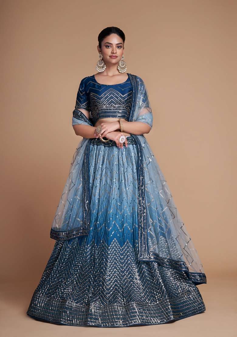 Sky Blue Sequin Embroidered Banglori Silk Lehenga Set - Indya
