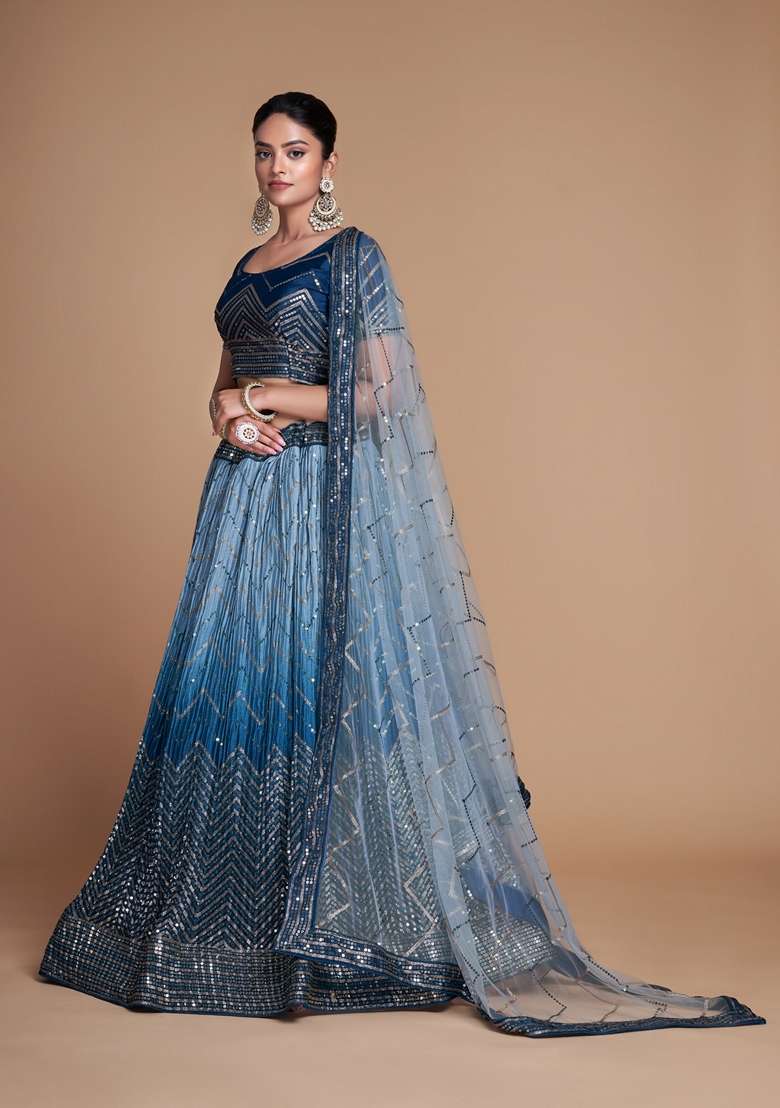 Sky Blue Sequin Embroidered Banglori Silk Lehenga Set - Indya