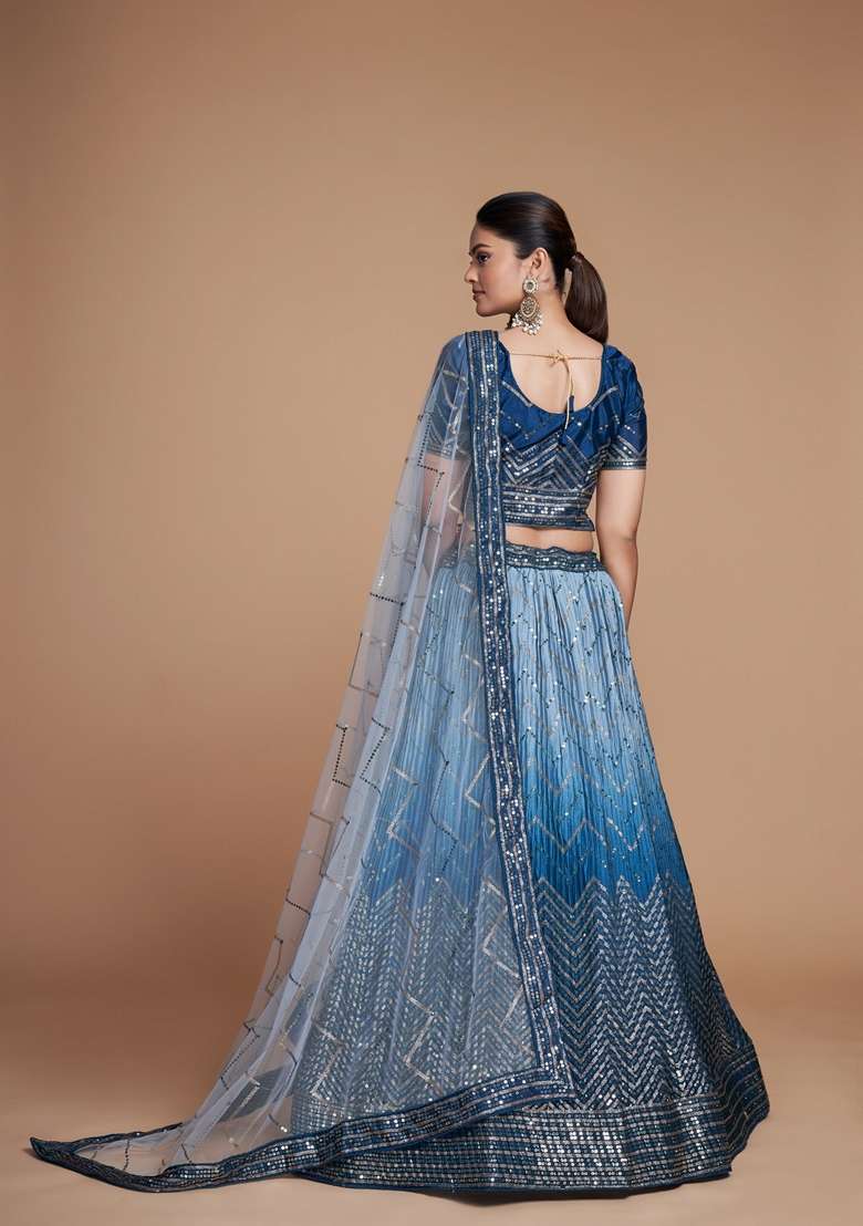 Sky Blue Sequin Embroidered Banglori Silk Lehenga Set - Indya