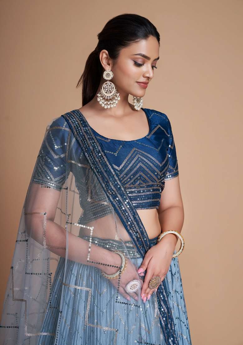 Sky Blue Sequin Embroidered Banglori Silk Lehenga Set - Indya