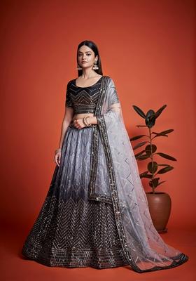 Black Sequin Embroidered Banglori Silk Lehenga Set