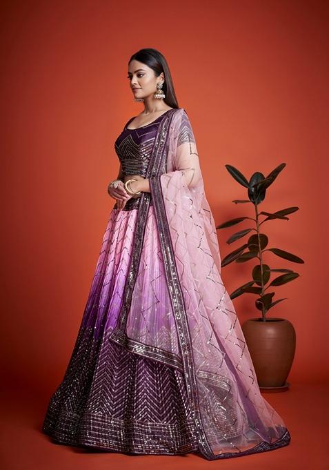 Purple Sequin Embroidered Banglori Silk Lehenga Set