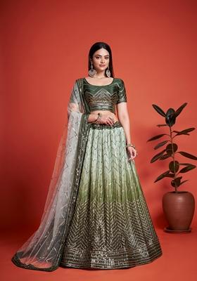 Mehendi Green Sequin Embroidered Banglori Silk Lehenga Set
