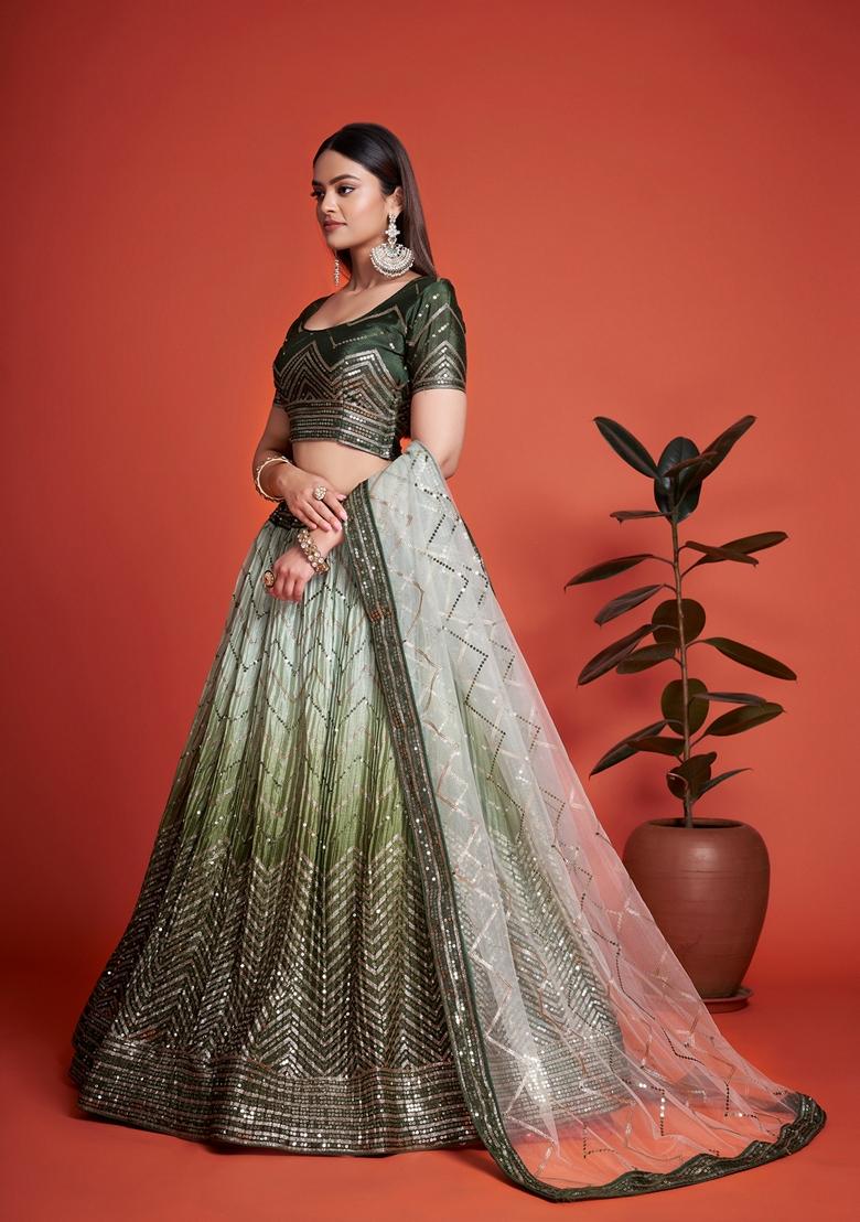 Mehendi Green Sequin Embroidered Banglori Silk Lehenga Set