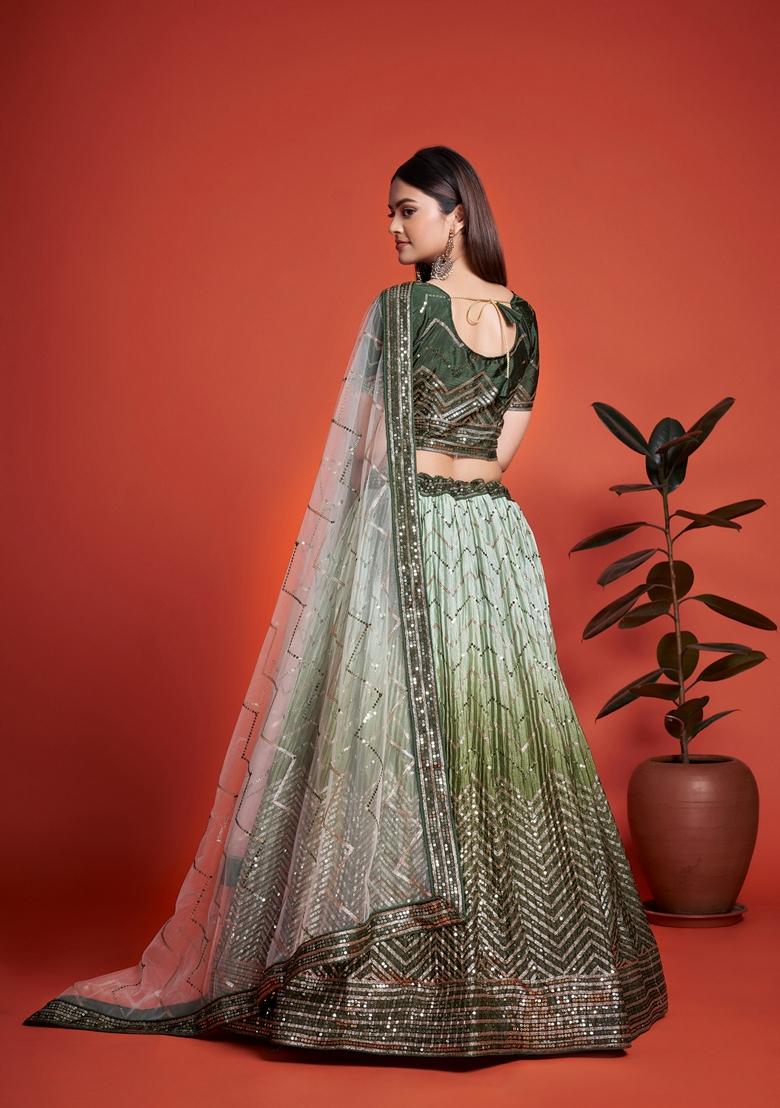 Mehendi Green Sequin Embroidered Banglori Silk Lehenga Set