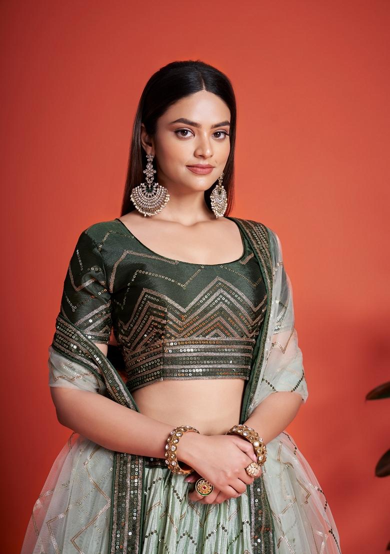 Mehendi Green Sequin Embroidered Banglori Silk Lehenga Set