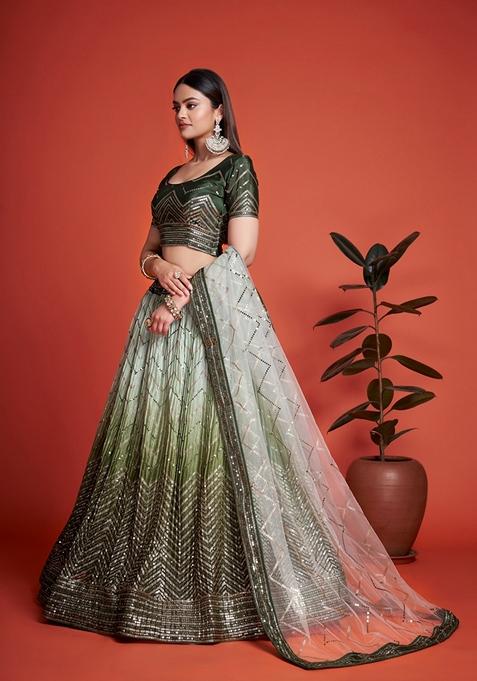 Mehendi Green Sequin Embroidered Banglori Silk Lehenga Set