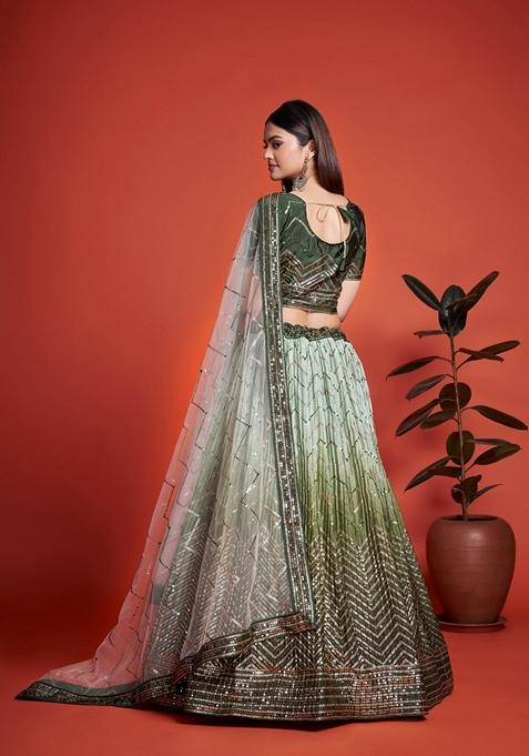 Mehendi Green Sequin Embroidered Banglori Silk Lehenga Set