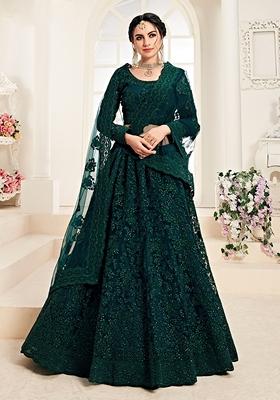 Dark Green Embroidered Net Lehenga Set